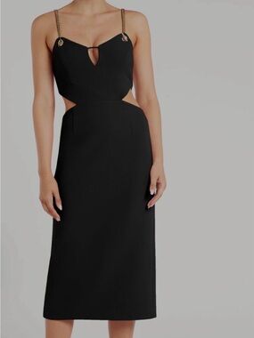 Rebecca Vallance Dulce Amore Cut Out Black Midi Dress with Gold Chain Straps